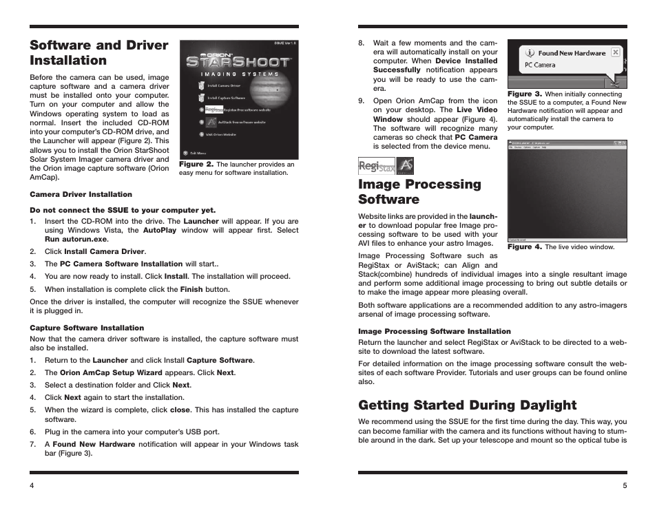 Software and driver installation, Image processing software, Getting started during daylight | Orion STARSHOOT 52173 User Manual | Page 3 / 8