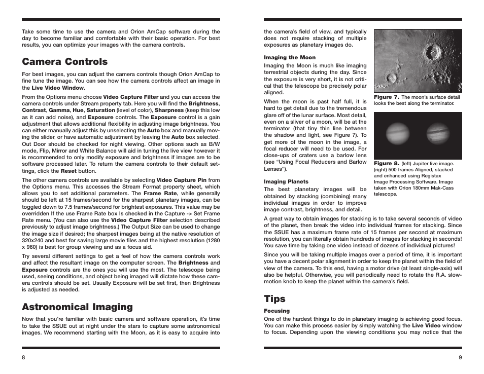 Camera controls, Astronomical imaging, Tips | Orion STARSHOOT 52173 User Manual | Page 5 / 8