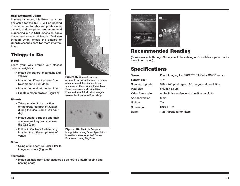 Things to do, Recommended reading, Specifications | Orion STARSHOOT 52173 User Manual | Page 7 / 8