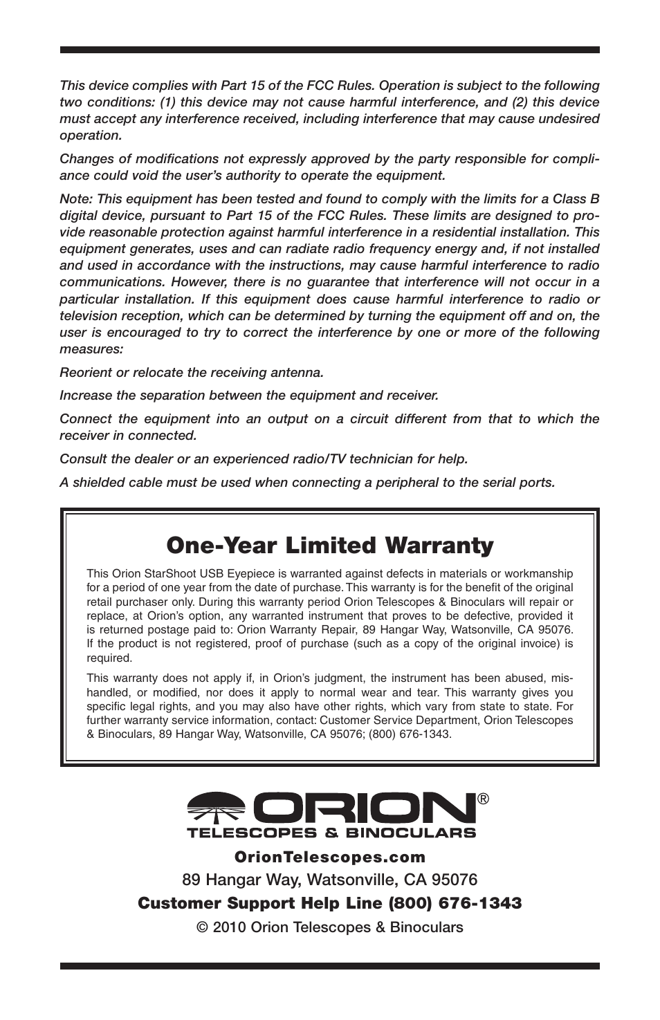 One-year limited warranty | Orion STARSHOOT 52173 User Manual | Page 8 / 8