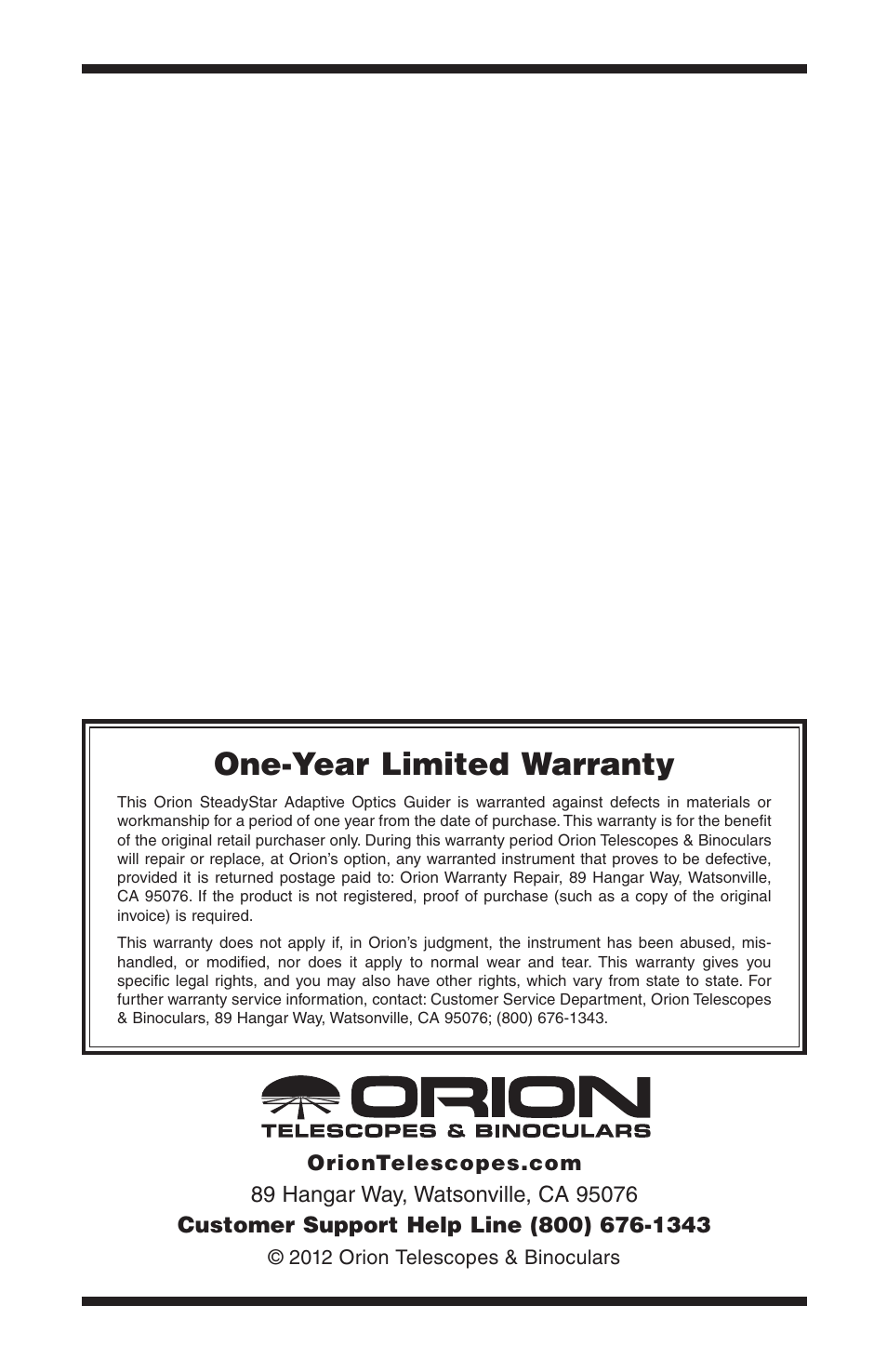 One-year limited warranty | Orion STEADYSTAR 53081 User Manual | Page 4 / 4