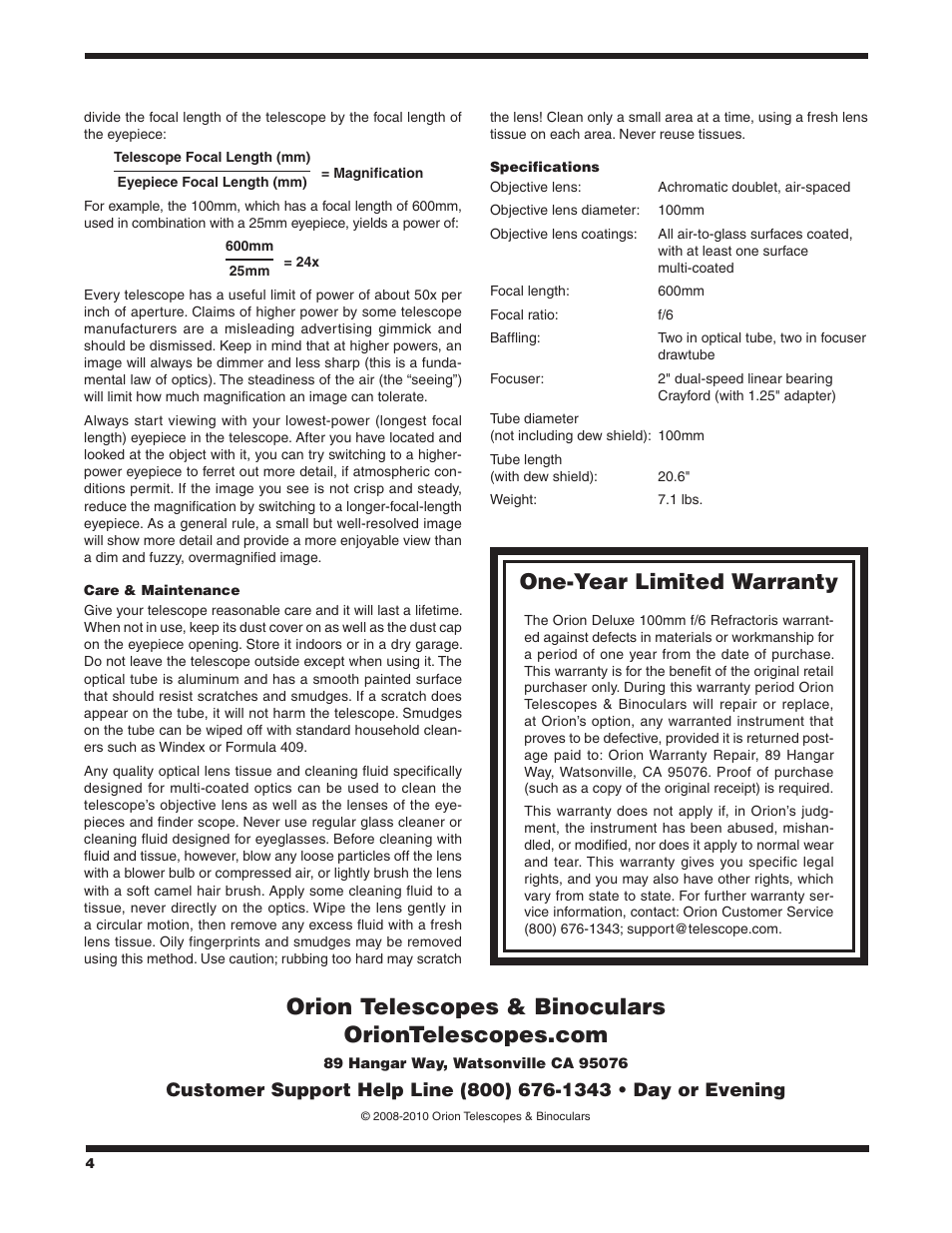 One-year limited warranty | Orion 7338 User Manual | Page 4 / 4
