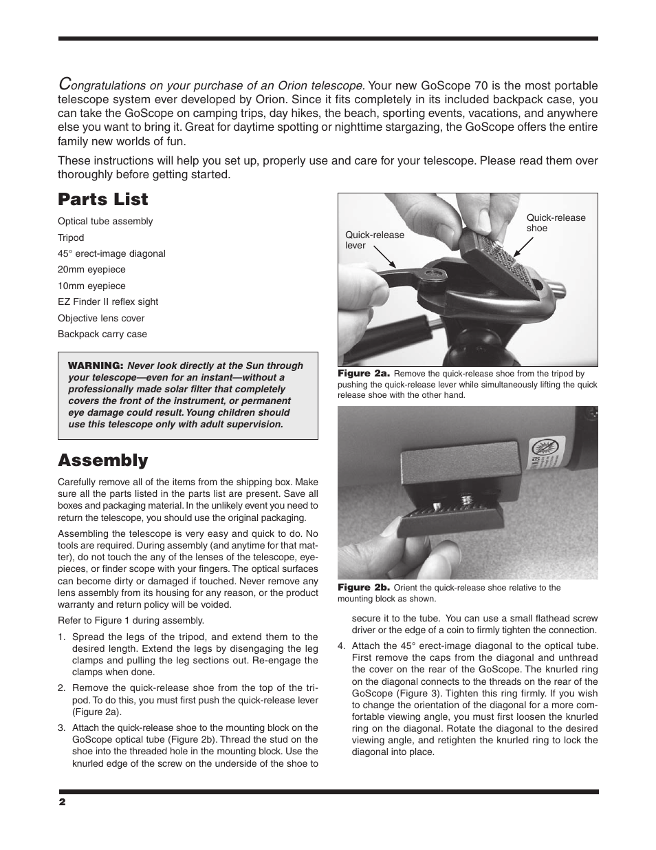 Parts list, Assembly | Orion GOSCOPE 70 User Manual | Page 2 / 8