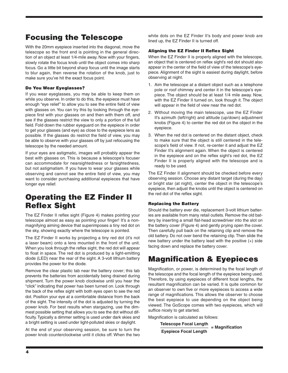 Focusing the telescope, Operating the ez finder ii reflex sight, Magnification & eyepieces | Orion GOSCOPE 70 User Manual | Page 4 / 8