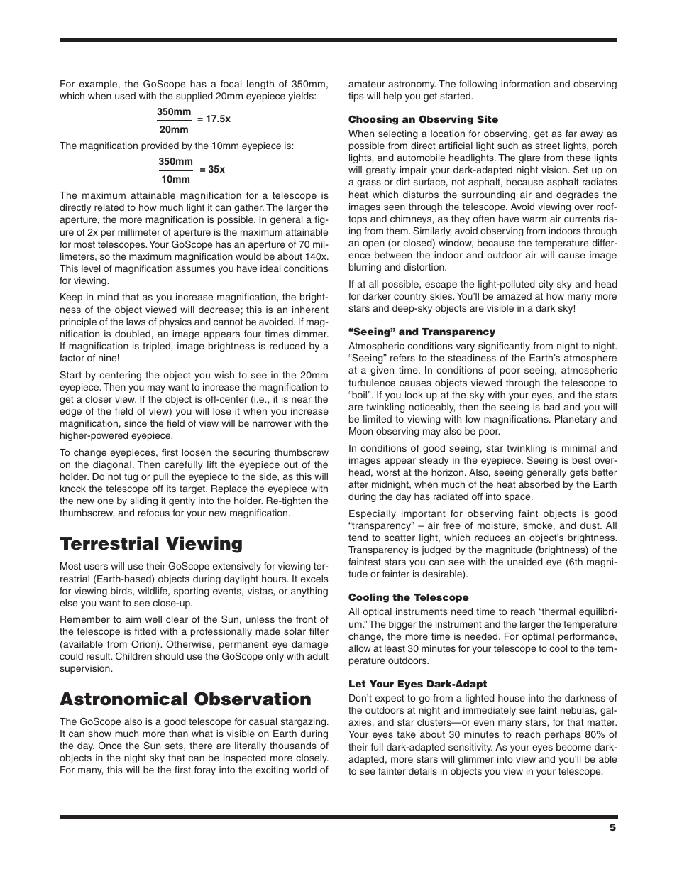 Terrestrial viewing, Astronomical observation | Orion GOSCOPE 70 User Manual | Page 5 / 8