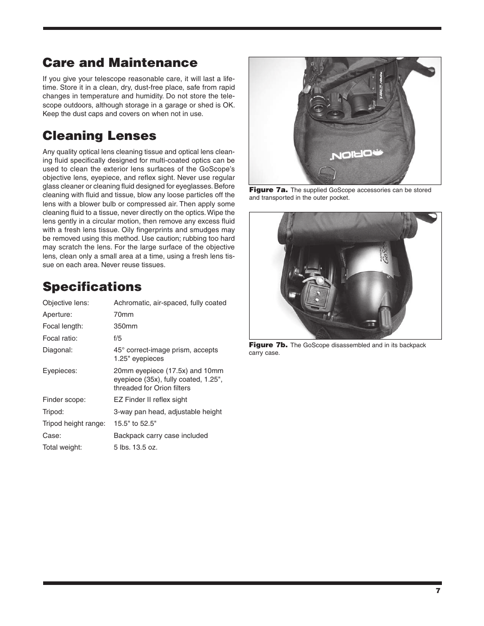 Care and maintenance, Cleaning lenses, Specifications | Orion GOSCOPE 70 User Manual | Page 7 / 8