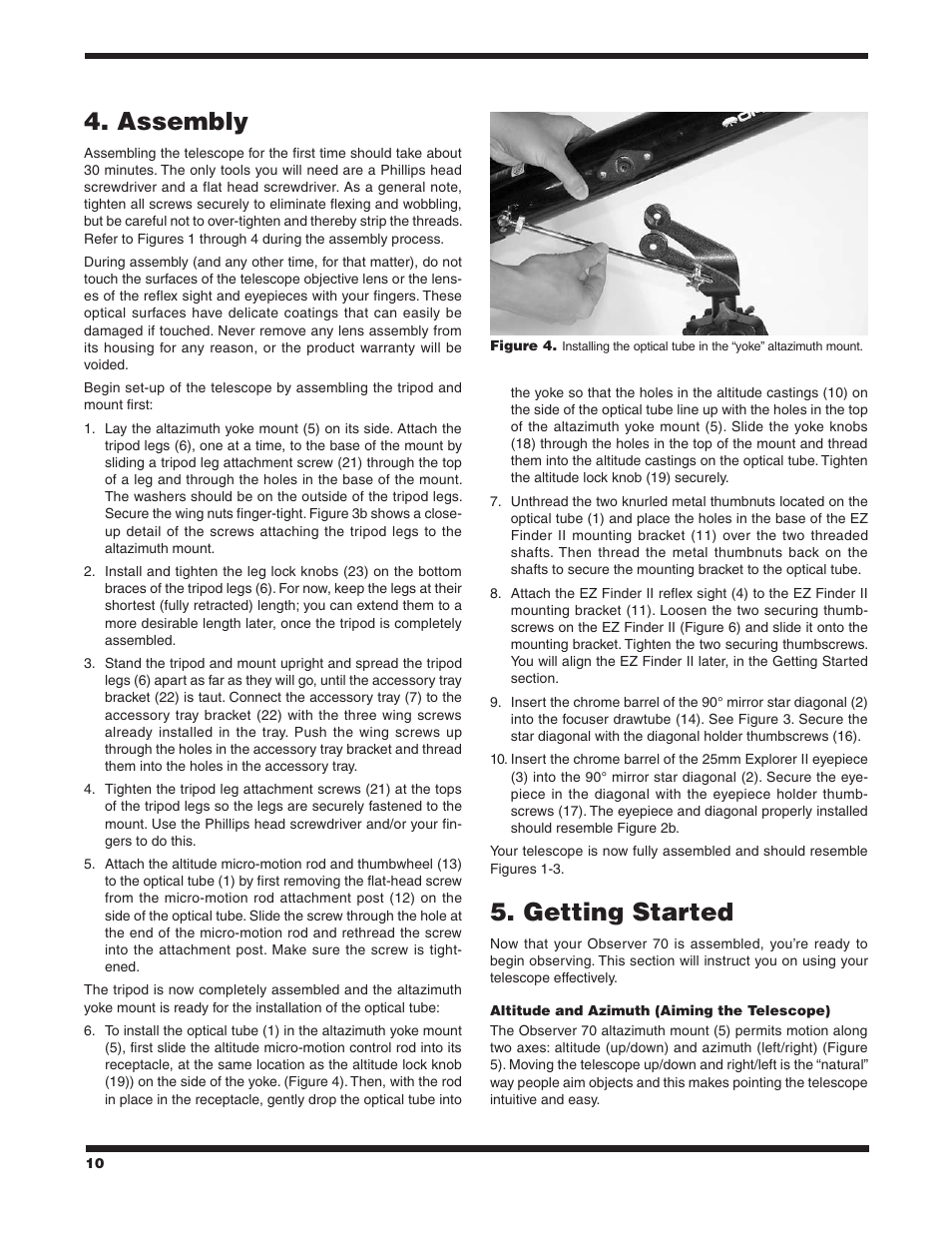 Assembly, Getting started | Orion OBSERVER 70MM AZ User Manual | Page 10 / 16