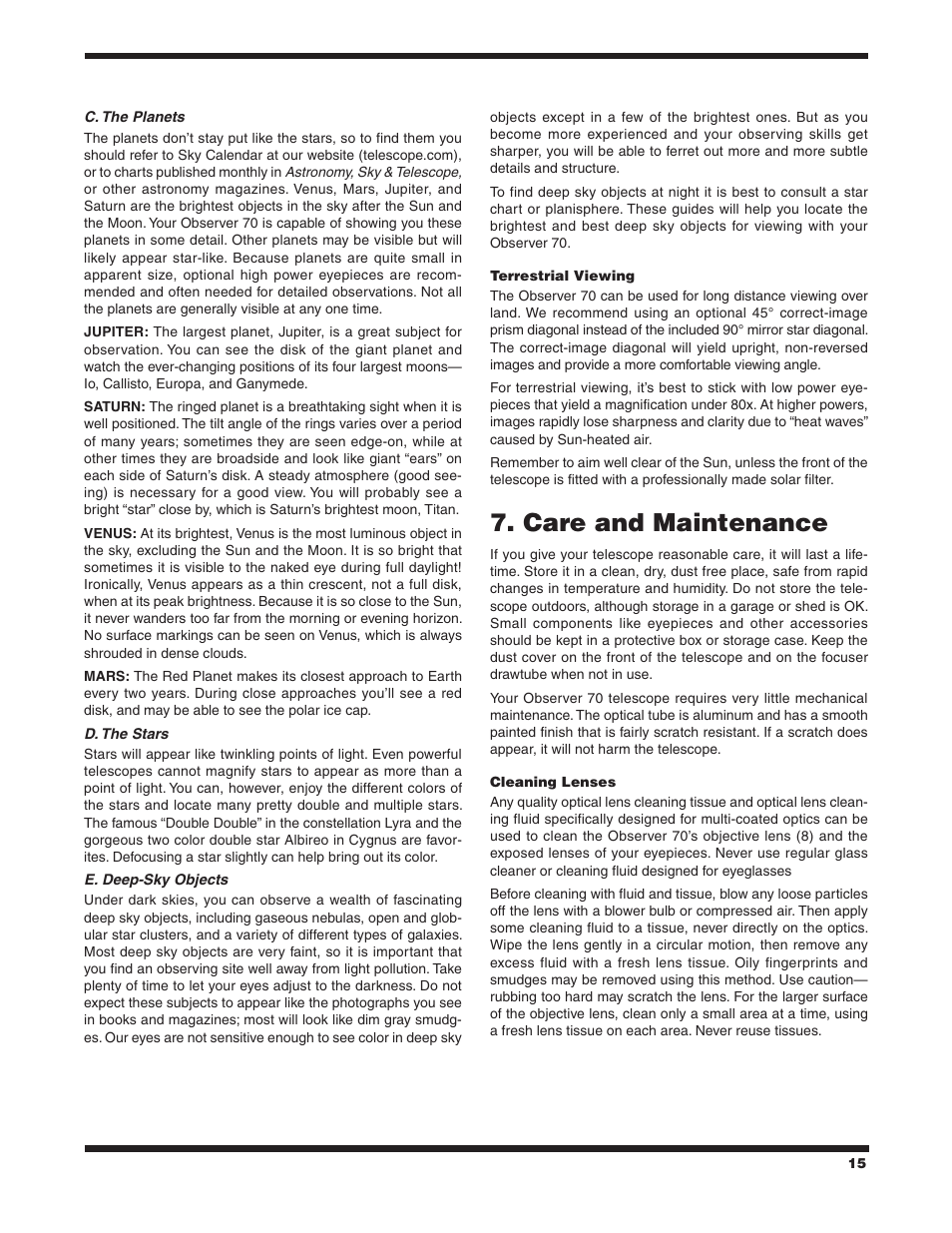 Care and maintenance | Orion OBSERVER 70MM AZ User Manual | Page 15 / 16