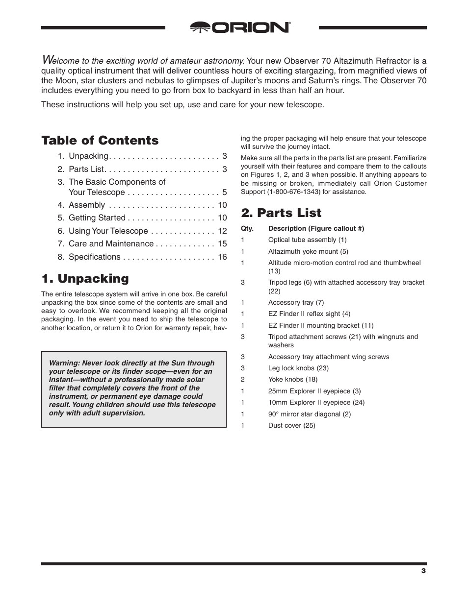 Orion OBSERVER 70MM AZ User Manual | Page 3 / 16