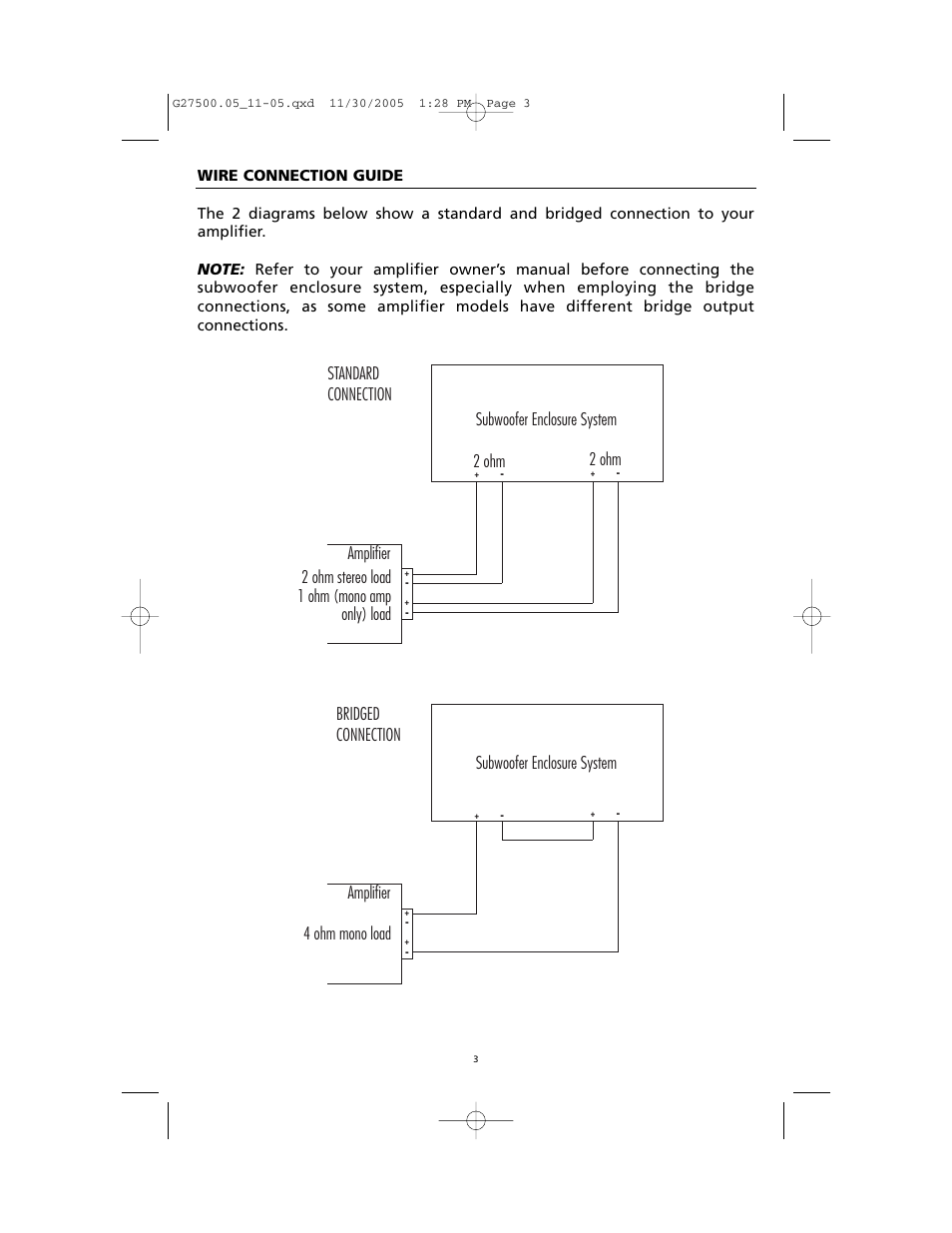 Subwoofer enclosure system, Subwoofer enclosure system 2 ohm, Amplifier | Amplifier standard connection, Bridged connection 2 ohm | Orion HPD2 User Manual | Page 4 / 6