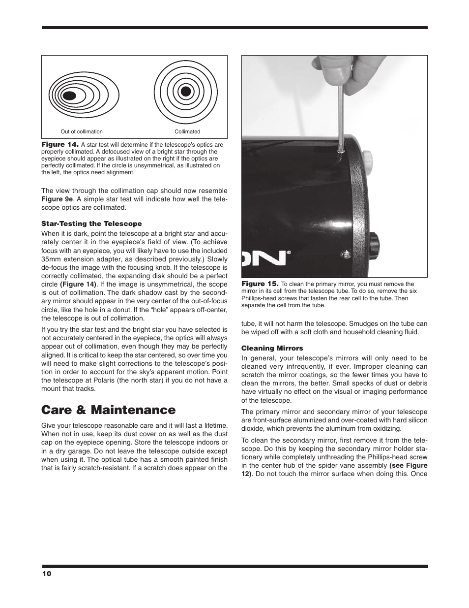 Care & maintenance | Orion NEWTONIAN ASTROGRAPH 9527 User Manual | Page 10 / 12