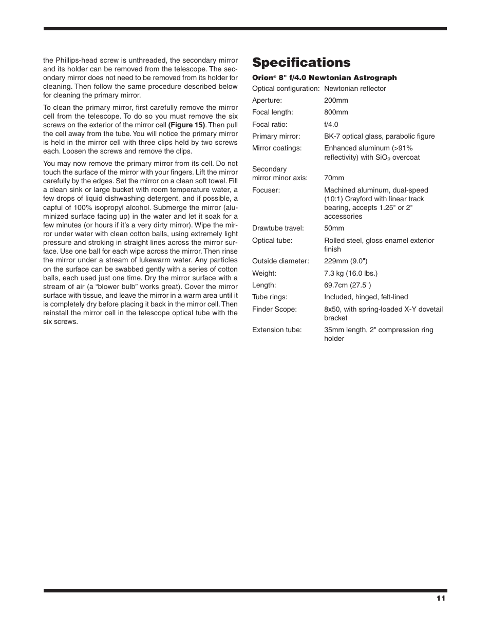 Specifications | Orion NEWTONIAN ASTROGRAPH 9527 User Manual | Page 11 / 12