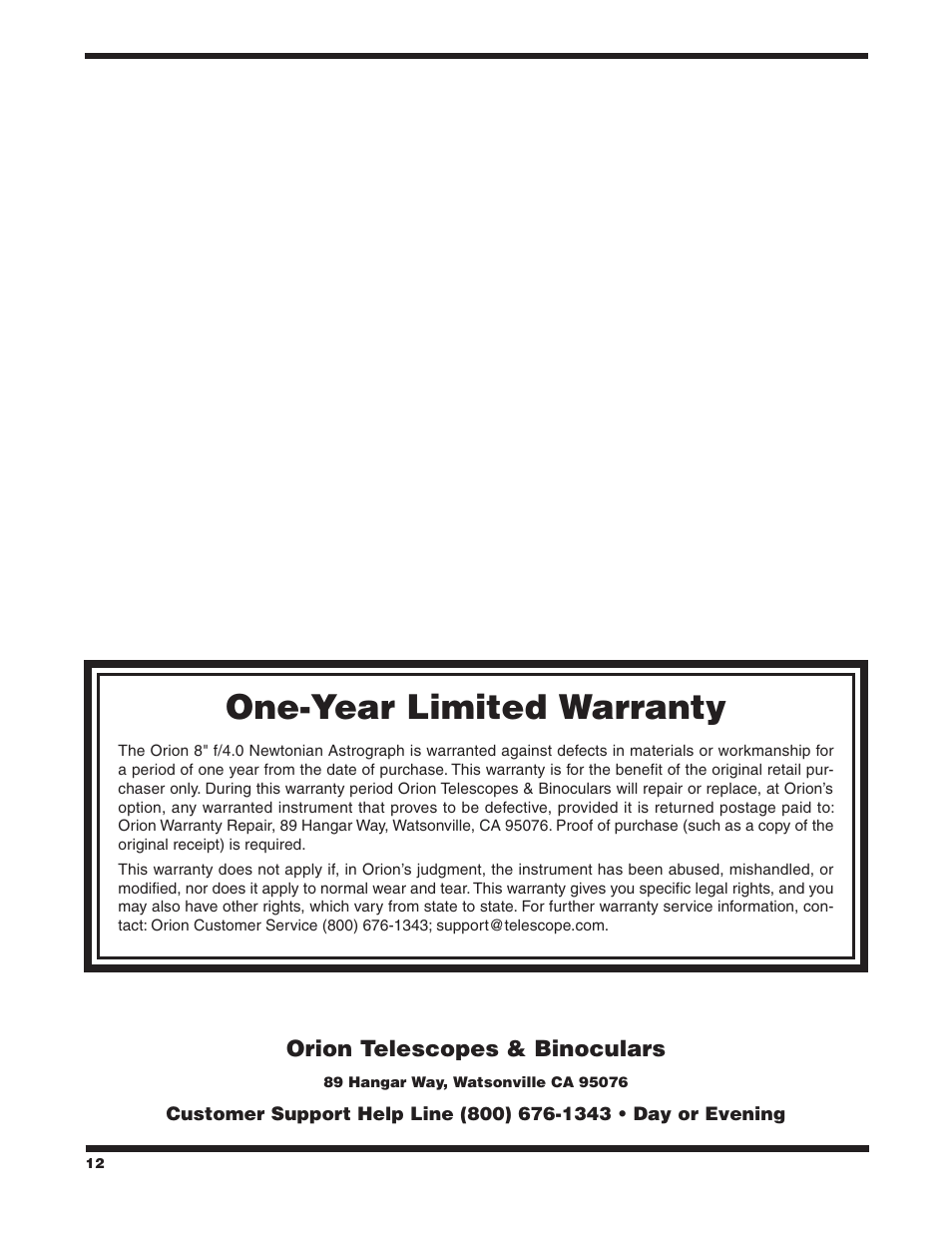 One-year limited warranty | Orion NEWTONIAN ASTROGRAPH 9527 User Manual | Page 12 / 12