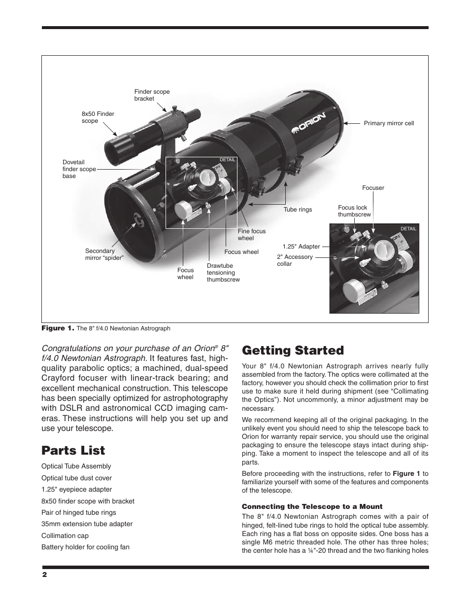 Parts list, Getting started | Orion NEWTONIAN ASTROGRAPH 9527 User Manual | Page 2 / 12