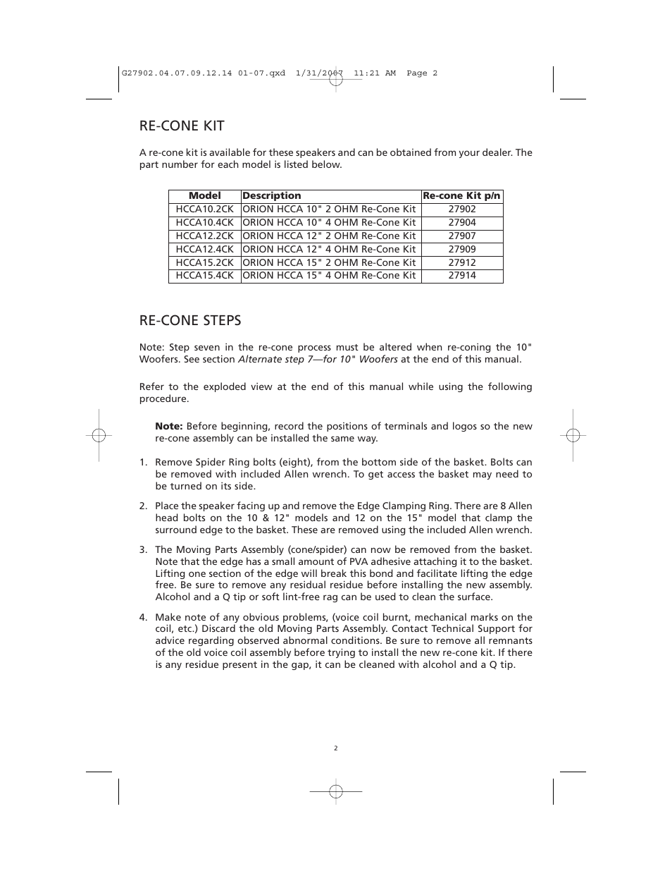 Re-cone kit, Re-cone steps | Orion HCCA G27902 User Manual | Page 3 / 10