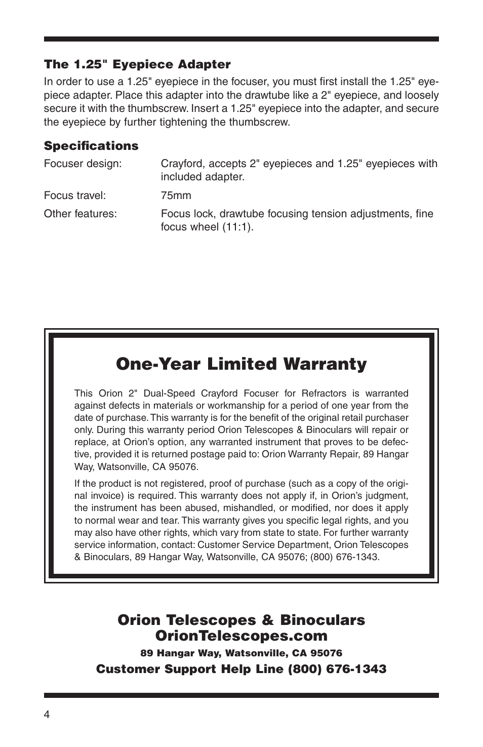 One-year limited warranty | Orion 13032 User Manual | Page 3 / 3