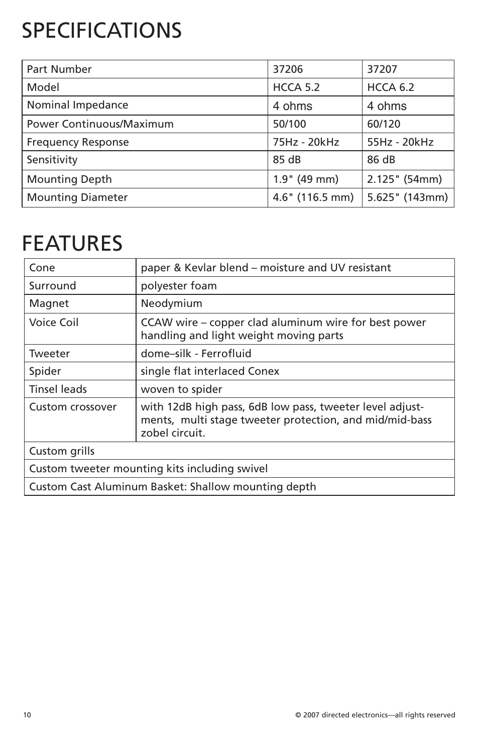 Specifications, Features | Orion HCCA 6.2 User Manual | Page 11 / 12