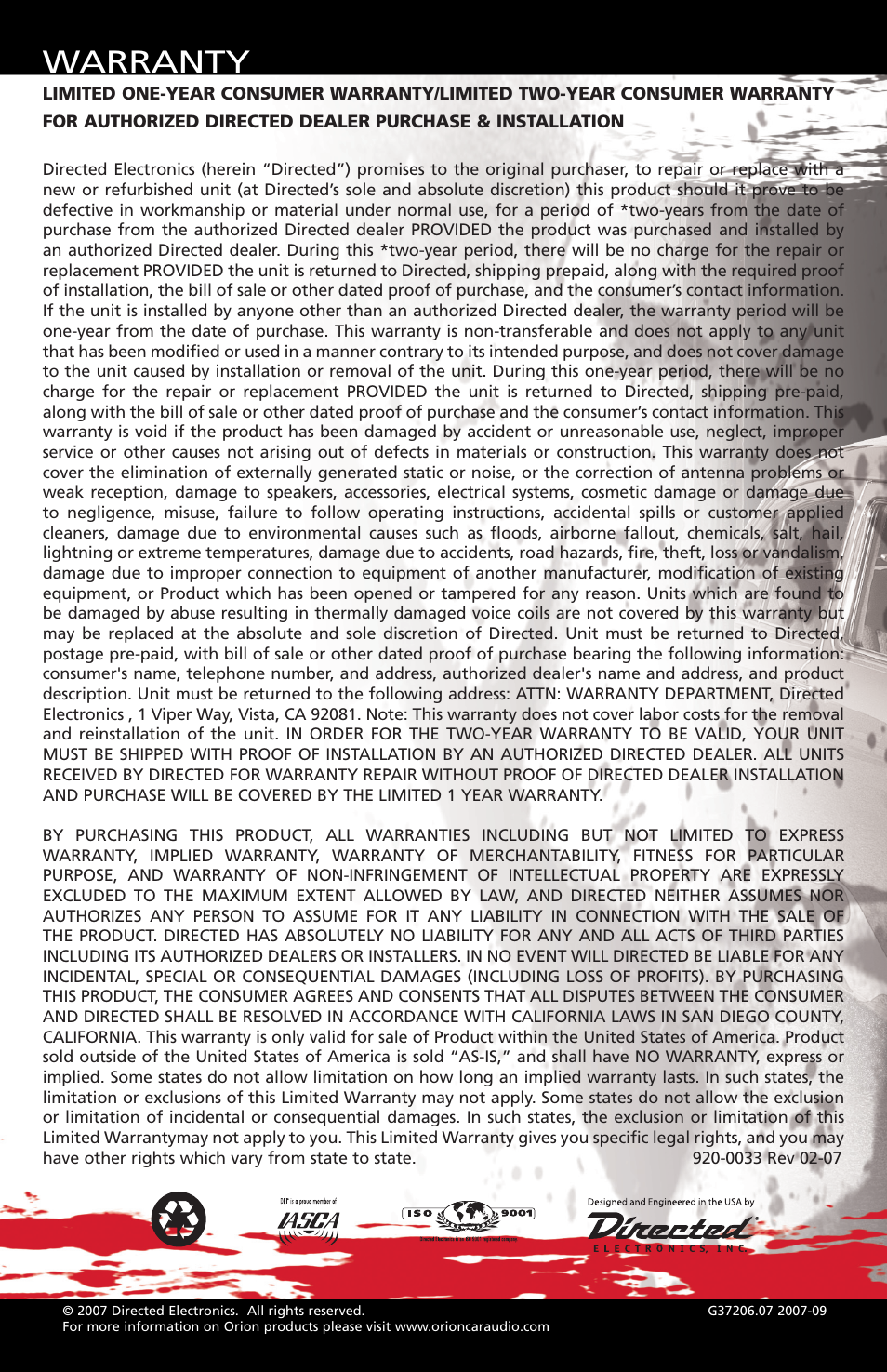 Warranty | Orion HCCA 6.2 User Manual | Page 12 / 12