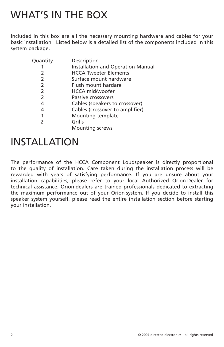 What’s in the box, Installation | Orion HCCA 6.2 User Manual | Page 3 / 12