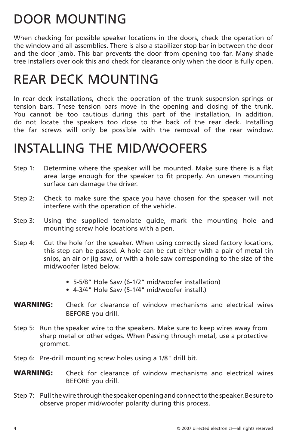 Door mounting, Rear deck mounting, Installing the mid/woofers | Orion HCCA 6.2 User Manual | Page 5 / 12