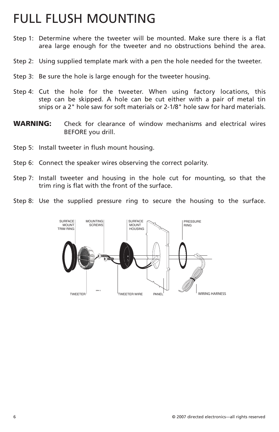 Full flush mounting, Warning | Orion HCCA 6.2 User Manual | Page 7 / 12