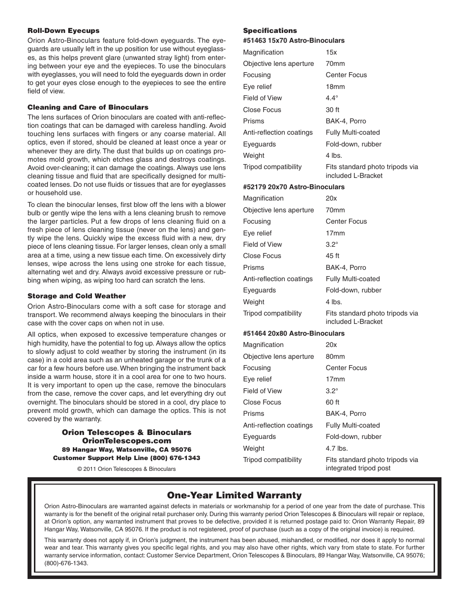 One-year limited warranty | Orion 51464 User Manual | Page 2 / 2