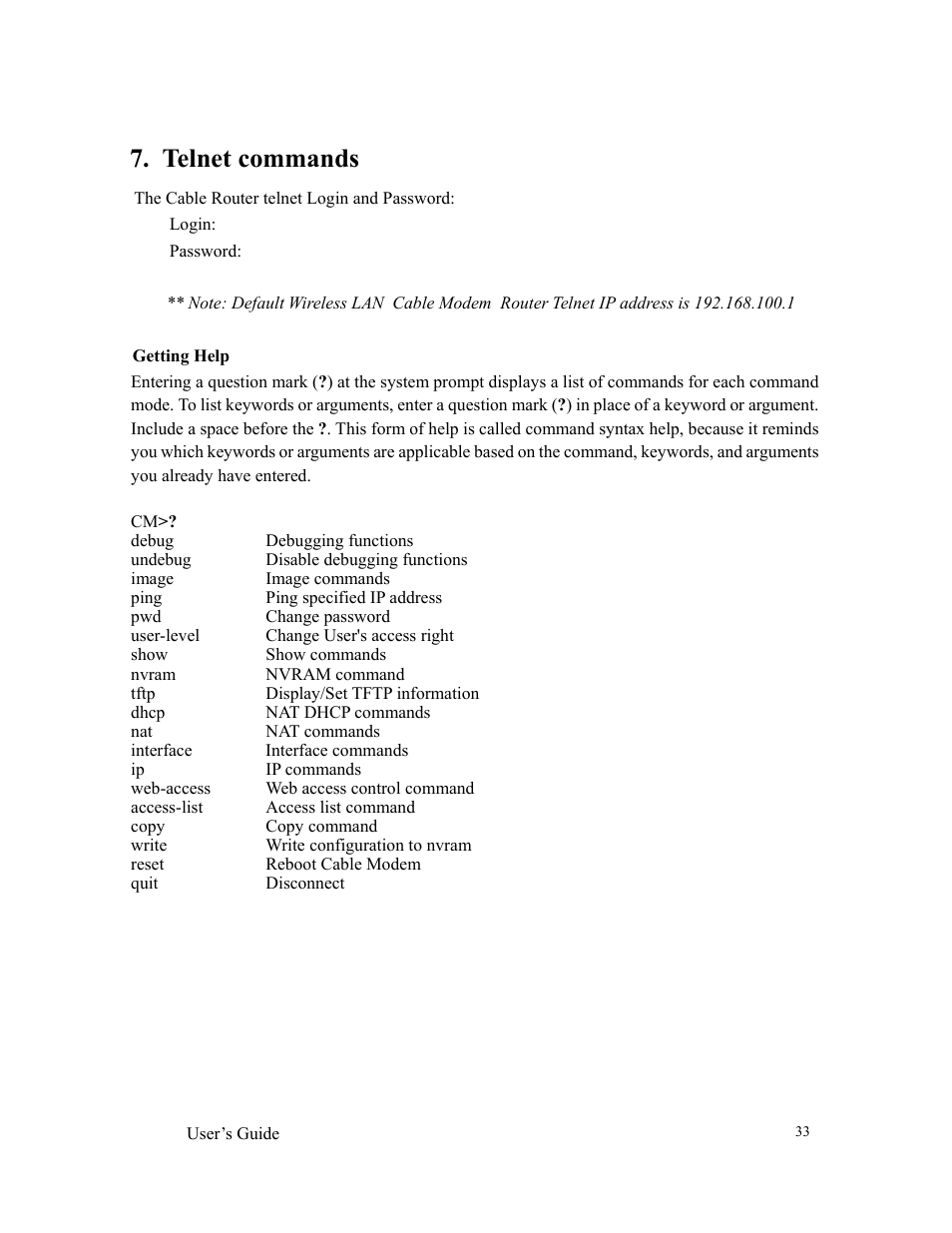 Telnet commands | Orion 3000 User Manual | Page 33 / 60