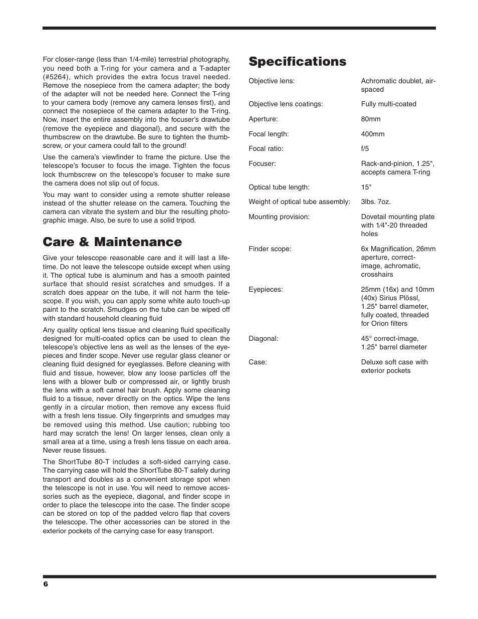 Care & maintenance, Specifications | Orion 9946 User Manual | Page 6 / 8