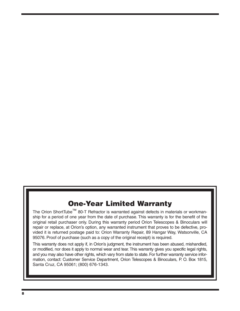 One-year limited warranty | Orion 9946 User Manual | Page 8 / 8