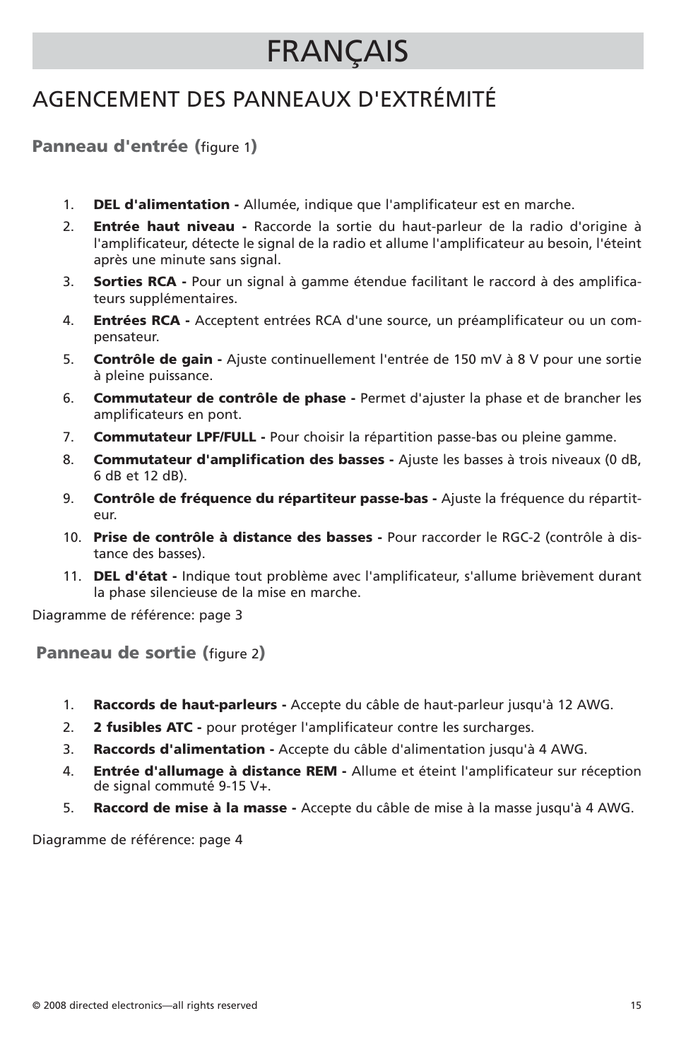 Français, Agencement des panneaux d'extrémité, Panneau d'entrée | Panneau de sortie | Orion C08001 User Manual | Page 16 / 66