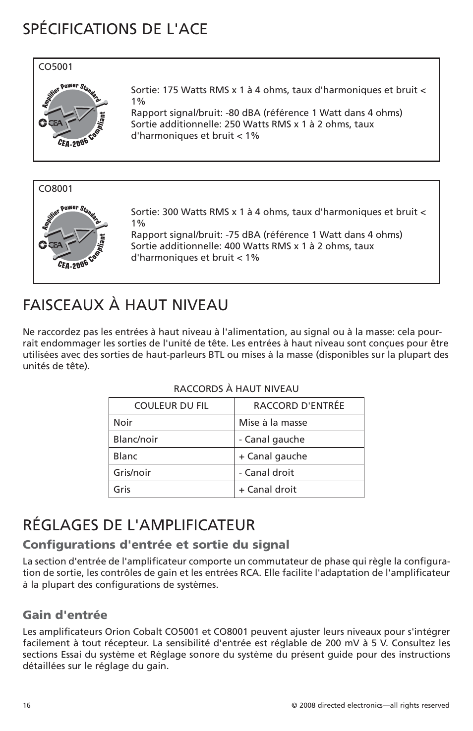 Spécifications de l'ace, Faisceaux à haut niveau, Réglages de l'amplificateur | Configurations d'entrée et sortie du signal, Gain d'entrée | Orion C08001 User Manual | Page 17 / 66