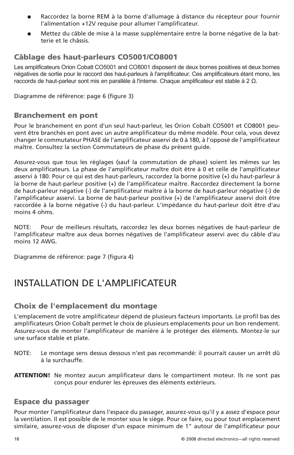 Installation de l'amplificateur, Branchement en pont, Choix de l'emplacement du montage | Espace du passager | Orion C08001 User Manual | Page 19 / 66