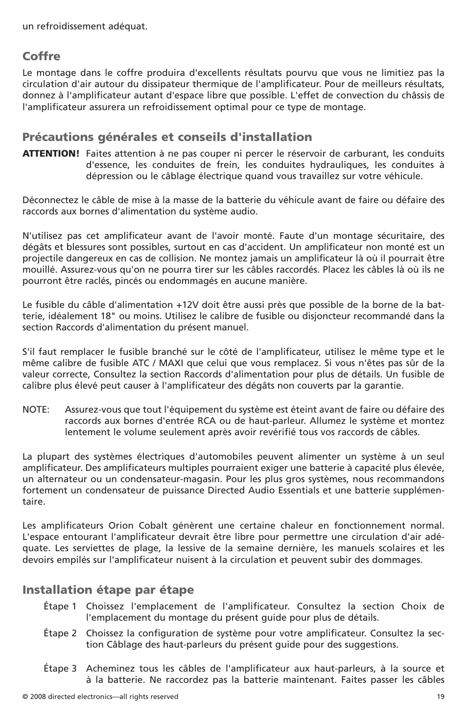 Coffre, Précautions générales et conseils d'installation, Installation étape par étape | Orion C08001 User Manual | Page 20 / 66