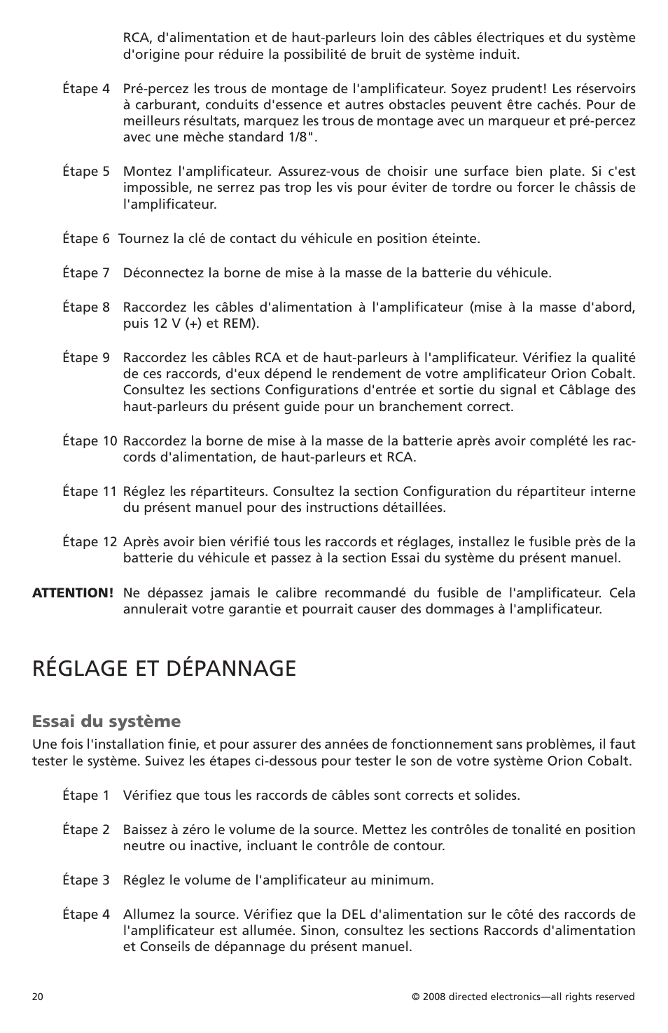Réglage et dépannage, Essai du système | Orion C08001 User Manual | Page 21 / 66