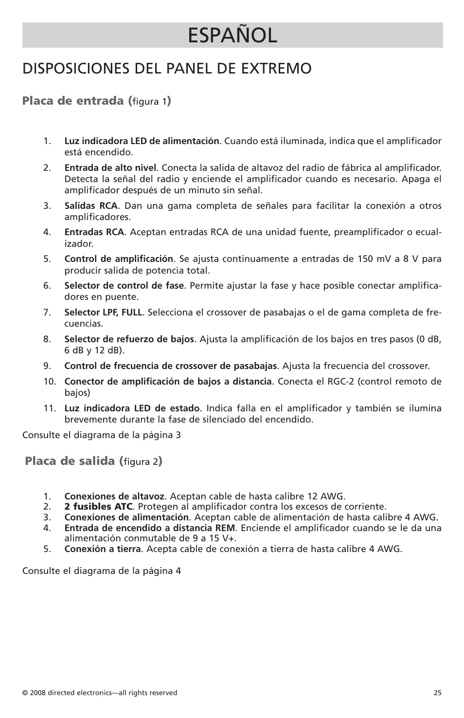 Español, Disposiciones del panel de extremo, Placa de entrada | Placa de salida | Orion C08001 User Manual | Page 26 / 66