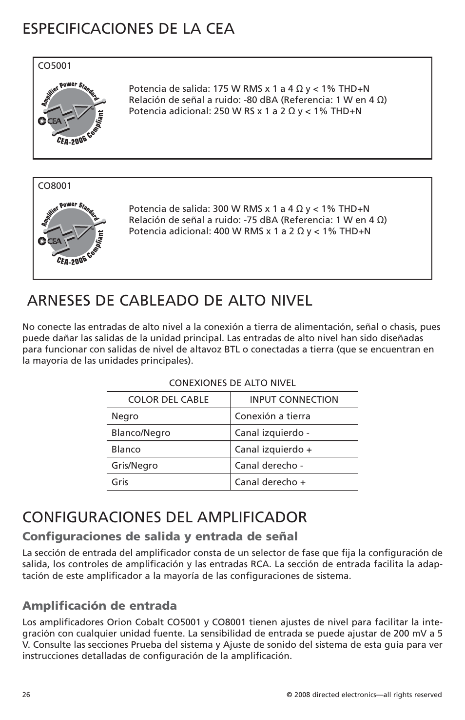 Especificaciones de la cea, Arneses de cableado de alto nivel, Configuraciones del amplificador | Configuraciones de salida y entrada de señal, Amplificación de entrada | Orion C08001 User Manual | Page 27 / 66