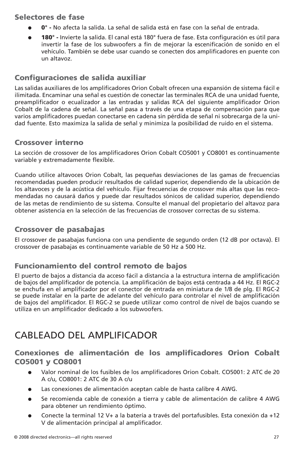 Cableado del amplificador, Selectores de fase, Configuraciones de salida auxiliar | Crossover interno, Crossover de pasabajas, Funcionamiento del control remoto de bajos | Orion C08001 User Manual | Page 28 / 66