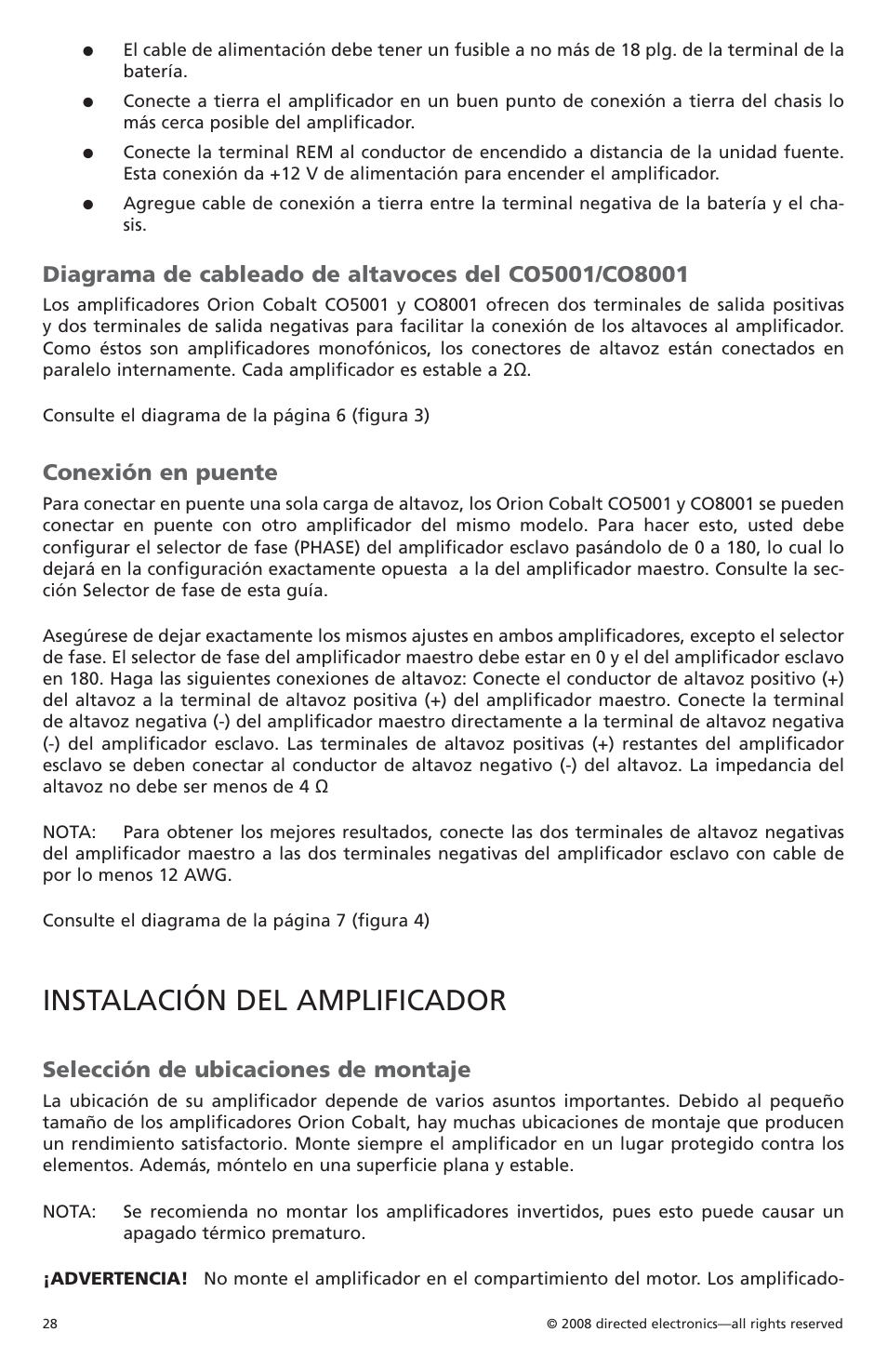 Instalación del amplificador, Conexión en puente, Selección de ubicaciones de montaje | Orion C08001 User Manual | Page 29 / 66