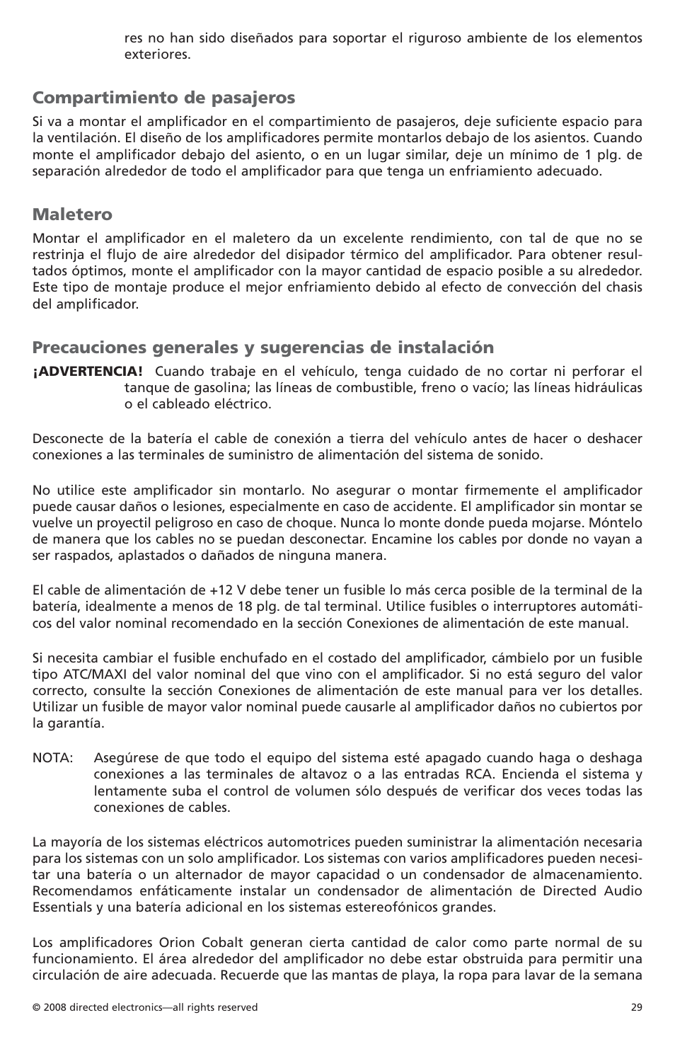 Compartimiento de pasajeros, Maletero | Orion C08001 User Manual | Page 30 / 66