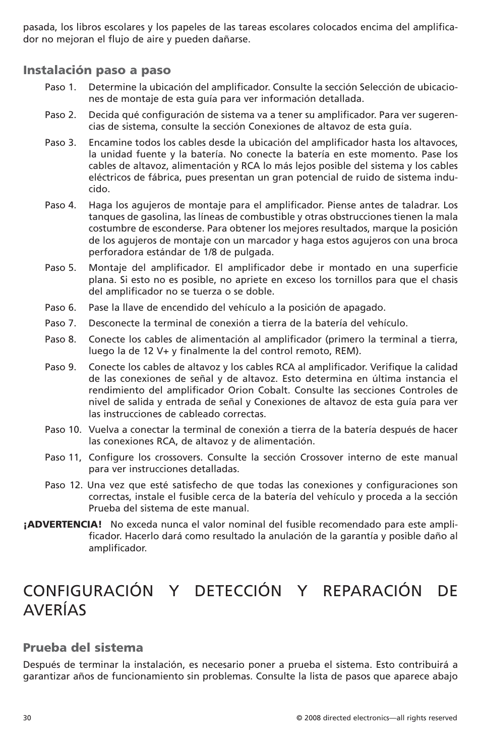 Configuración y detección y reparación de averías, Instalación paso a paso, Prueba del sistema | Orion C08001 User Manual | Page 31 / 66
