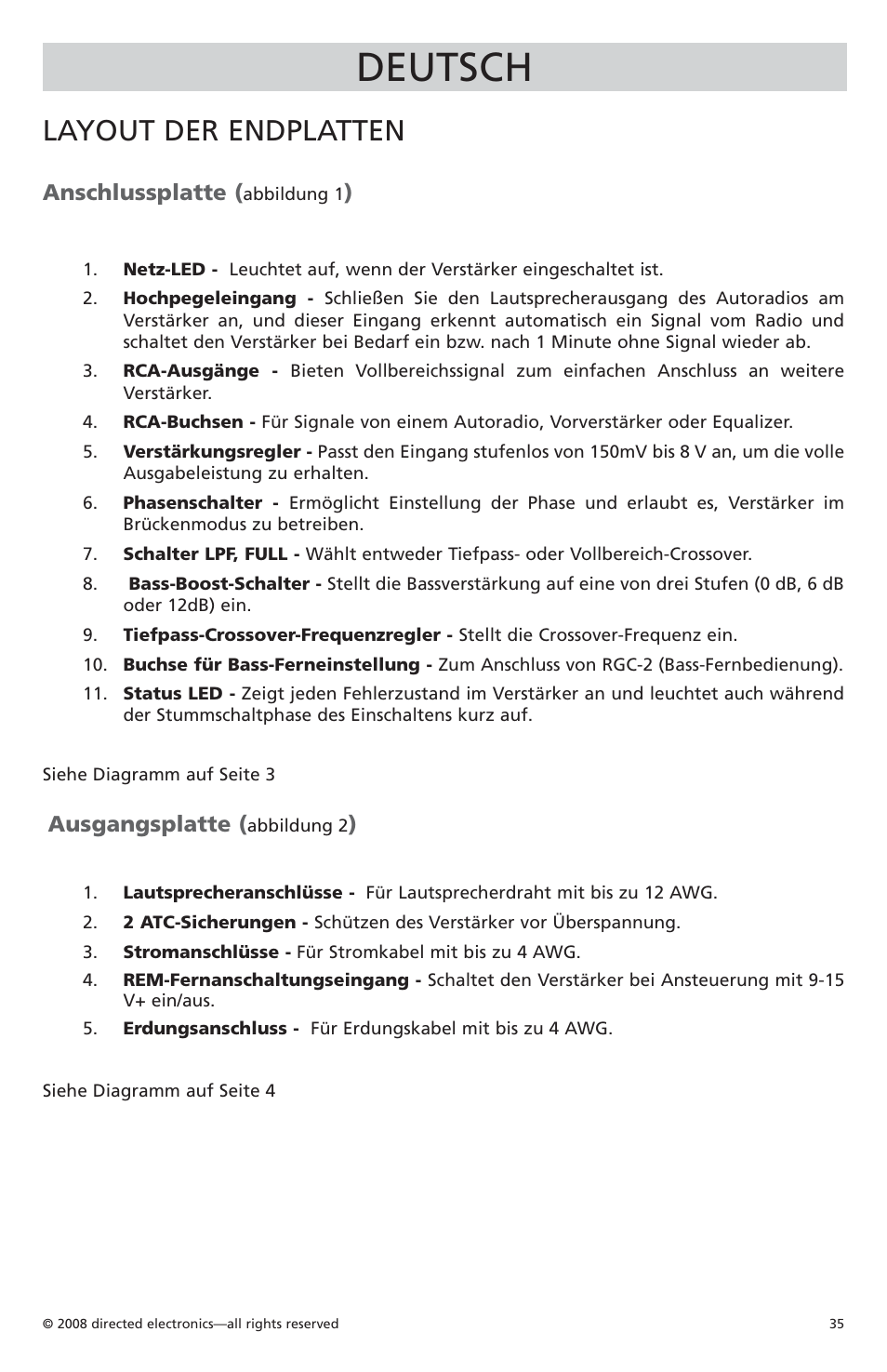 Deutsch, Layout der endplatten, Anschlussplatte | Ausgangsplatte | Orion C08001 User Manual | Page 36 / 66