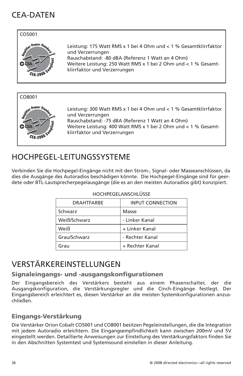 Cea-daten, Hochpegel-leitungssysteme, Verstärkereinstellungen | Signaleingangs- und -ausgangskonfigurationen, Eingangs-verstärkung | Orion C08001 User Manual | Page 37 / 66