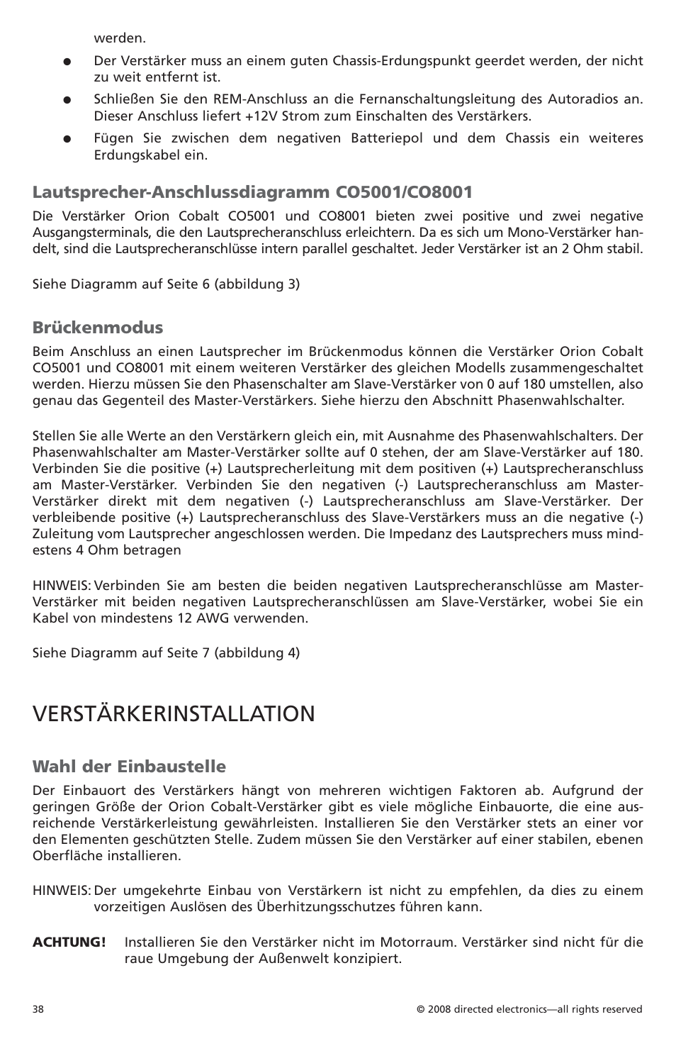 Verstärkerinstallation, Brückenmodus, Wahl der einbaustelle | Orion C08001 User Manual | Page 39 / 66