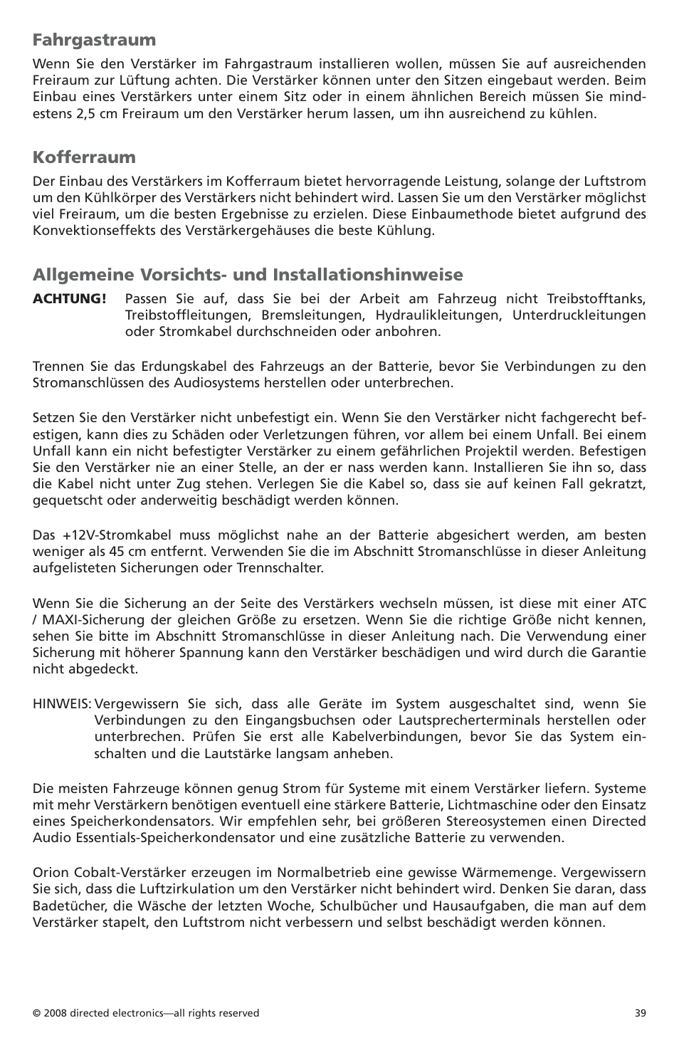 Fahrgastraum, Kofferraum, Allgemeine vorsichts- und installationshinweise | Orion C08001 User Manual | Page 40 / 66