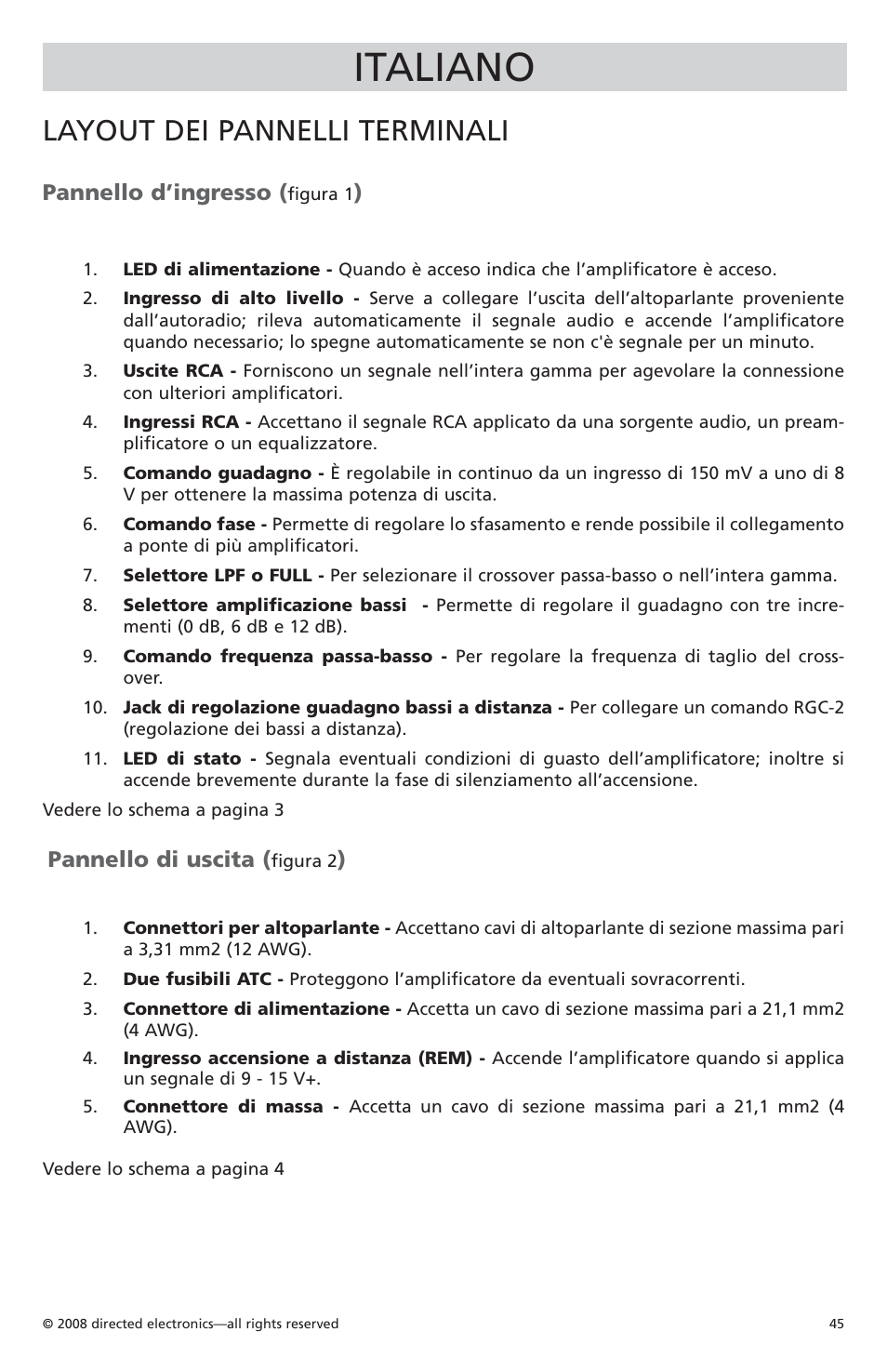 Italiano, Layout dei pannelli terminali, Pannello d’ingresso | Pannello di uscita | Orion C08001 User Manual | Page 46 / 66