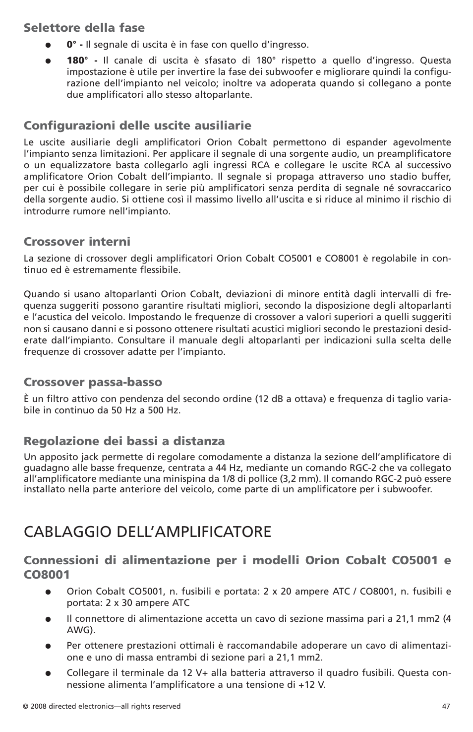 Cablaggio dell’amplificatore, Selettore della fase, Configurazioni delle uscite ausiliarie | Crossover interni, Crossover passa-basso, Regolazione dei bassi a distanza | Orion C08001 User Manual | Page 48 / 66