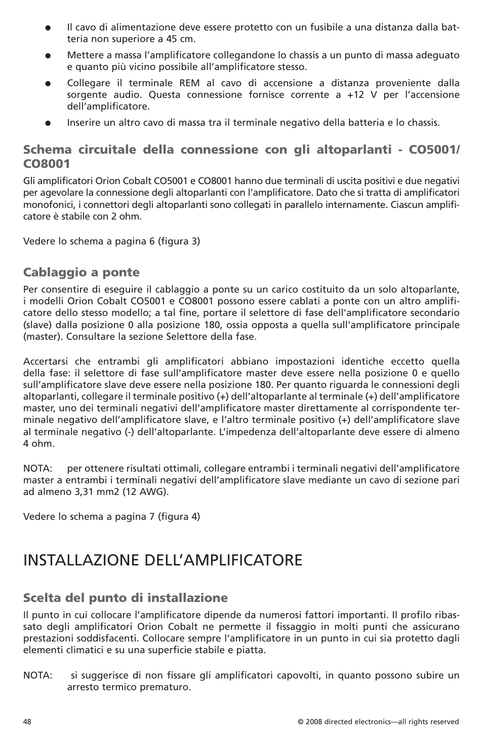 Installazione dell’amplificatore, Cablaggio a ponte, Scelta del punto di installazione | Orion C08001 User Manual | Page 49 / 66
