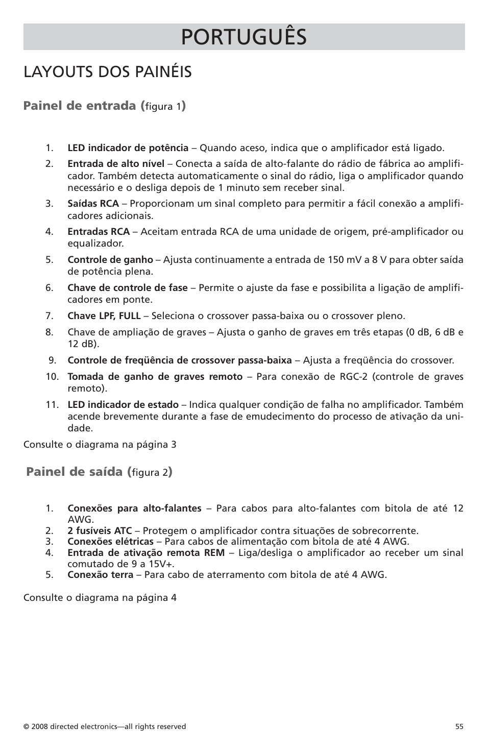 Português, Layouts dos painéis, Painel de entrada | Painel de saída | Orion C08001 User Manual | Page 56 / 66