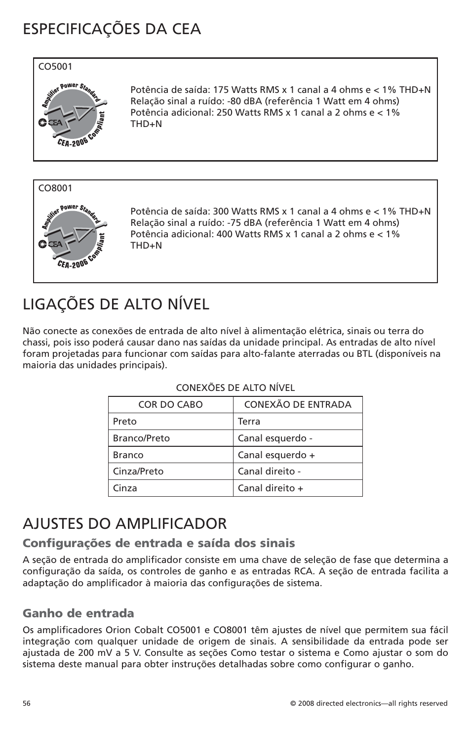 Especificações da cea, Ligações de alto nível, Ajustes do amplificador | Configurações de entrada e saída dos sinais, Ganho de entrada | Orion C08001 User Manual | Page 57 / 66