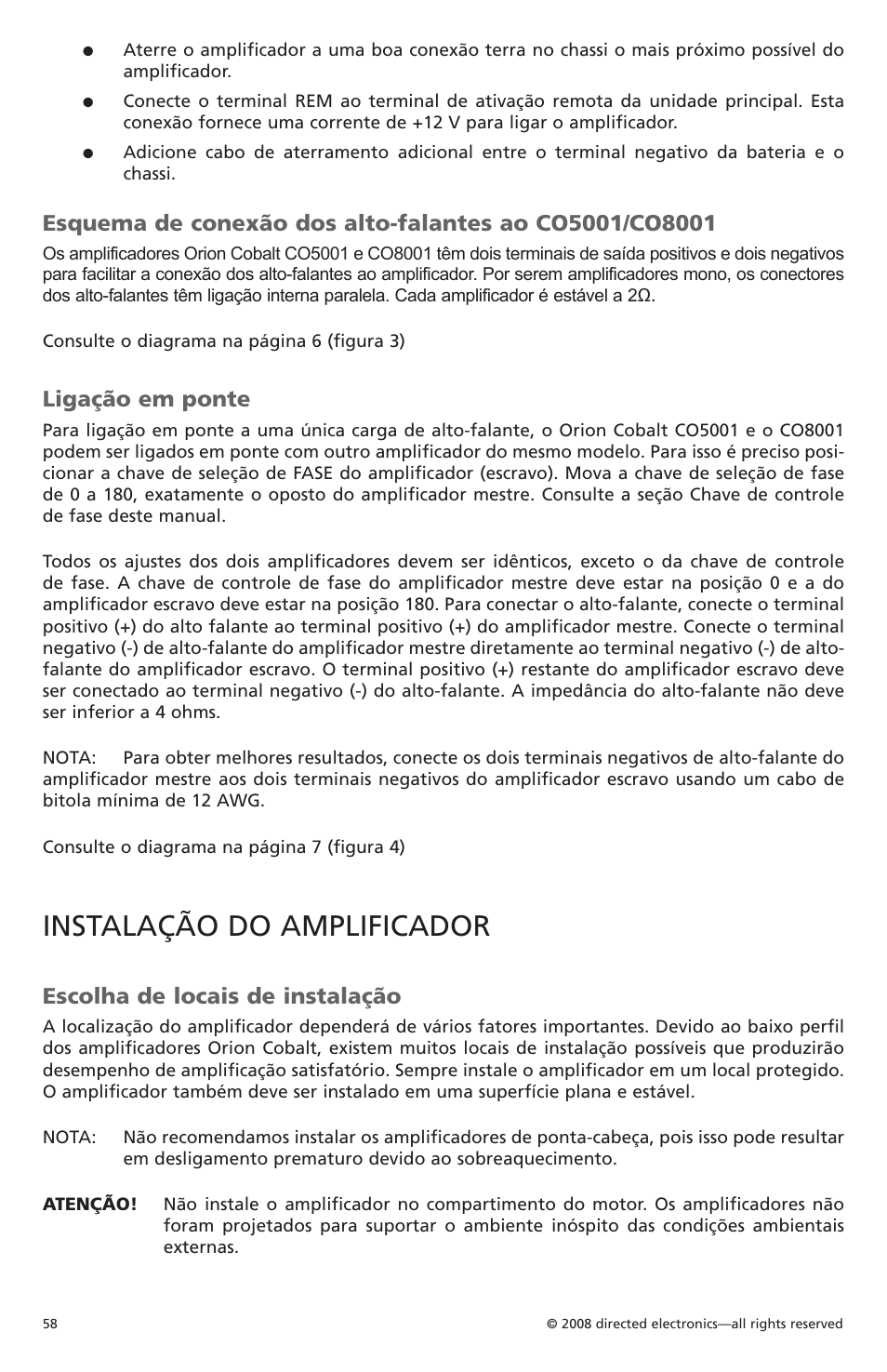 Instalação do amplificador, Ligação em ponte, Escolha de locais de instalação | Orion C08001 User Manual | Page 59 / 66